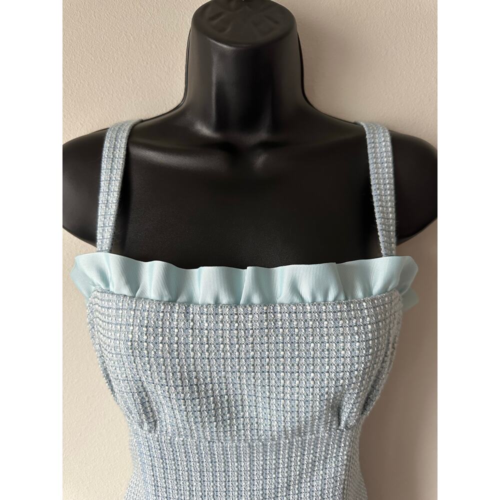 Vintage 90s Y2K Blue Tweed Mini Dress Coquette Boucle Ruffle Trim Size 8 - Picture 2 of 10